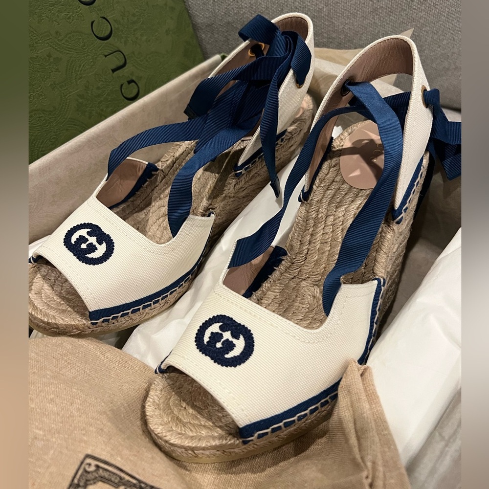 NEW Gucci GG Judie Lace Up Ballerina Espadrille Wedges - Picture 3 of 10